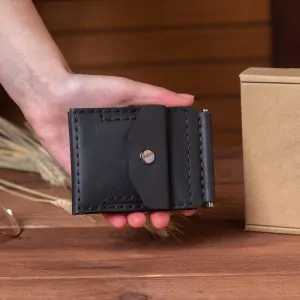 Black Leather Card Coin Clip | 6 Slots & Coin Pocket