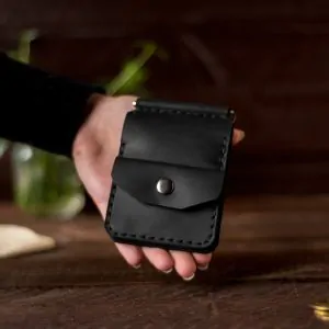 Black Leather Money Clip with Coin Pocket | Slim Utility