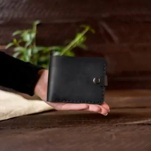 Men's Handmade Black Leather Wallet with Snap Closure