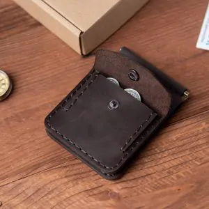 Chocolate Leather Money Clip with Coin Pocket | Secure & Slim