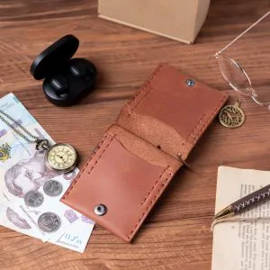 Cognac Leather Clip Wallet | Snap Closure & Slim Design