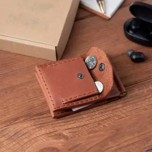 Cognac Leather Coin Clip | Snap Closure & Coin Pocket