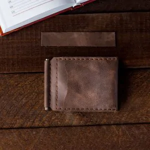 Brown Leather Clip Wallet | Snap Closure & Slim