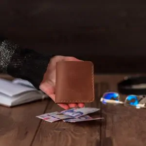 Minimalist Leather Bifold Wallet - | Cognac Whiskey Crazy Horse