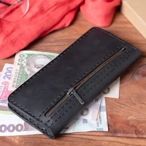 Black Leather Long Wallet | Handmade Slim Card Case