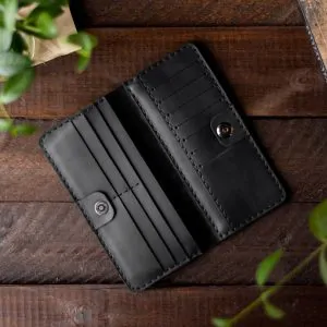 Black Leather Vertical Wallet | Slim Handmade Cash & Card Holder
