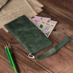 Green Leather Long Wallet | Handcrafted Slim Travel Organizer