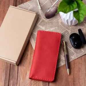 Red Leather Billfold | Handmade Slim Horizontal Long Wallet