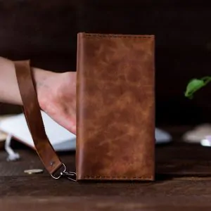 Cognac Leather Long Wallet | Handcrafted Slim Organizer for Travel