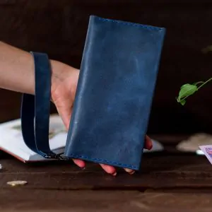 Blue Leather Long Wallet | Slim Travel Organizer