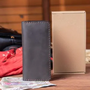 Chocolate Leather Long Wallet | Slim Travel Organizer